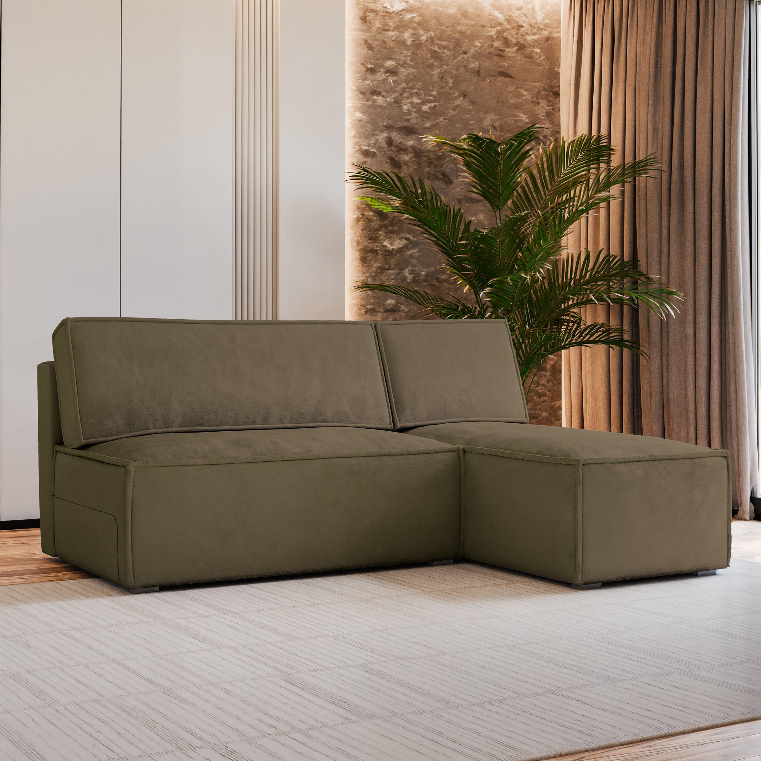 ECKSOFA BRISO M Beige Velours-Stoff mit Schlaffunktion - Beige, Holz (200/140cm) - MASSENO