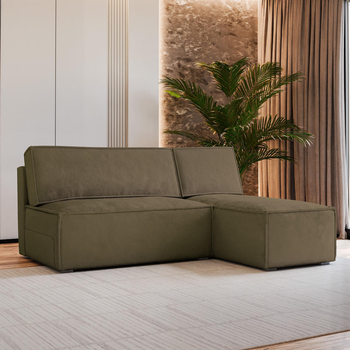 ECKSOFA BRISO M Beige Velours-Stoff mit Schlaffunktion - Beige, Holz (200/140cm) - MASSENO