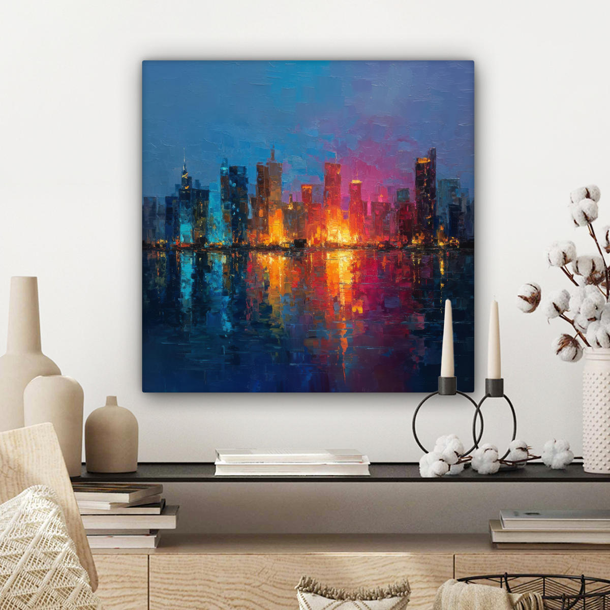 LEINWANDBILD Skyline - Pinselstriche - Dunkelblau - Leuchtend Wandbild Wohnzimmer 50x50 cm - Blau, Textil (50/50cm) - MuchoWow