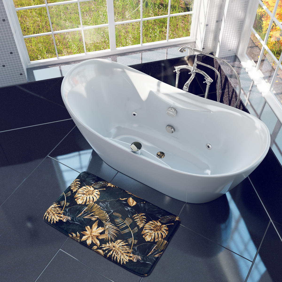 BADTEPPICH rund Golden Leaves Ø 80 cm - Schwarz, Textil (80/80cm) - Sanilo