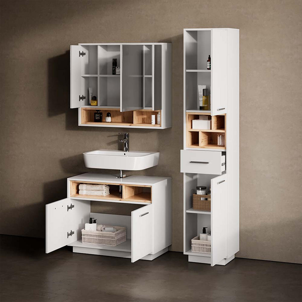 BADSCHRANK Temo Weiß 38 x 190 cm - Weiß, Holzwerkstoff (38/190/30cm) - Livinity®
