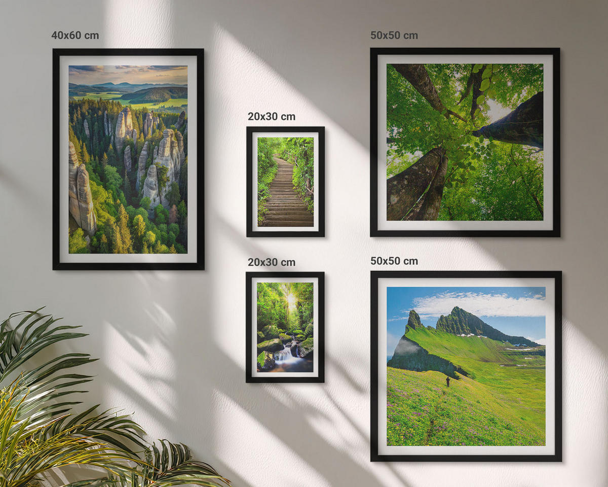 BILDER SET 5er Set - 50x50 cm & 20x30 cm & 40x60 cm Schwarzer Rahmen - Grüne Berge Wasserfallwald - Schwarz, Kunststoff (40/60cm) - TULUP