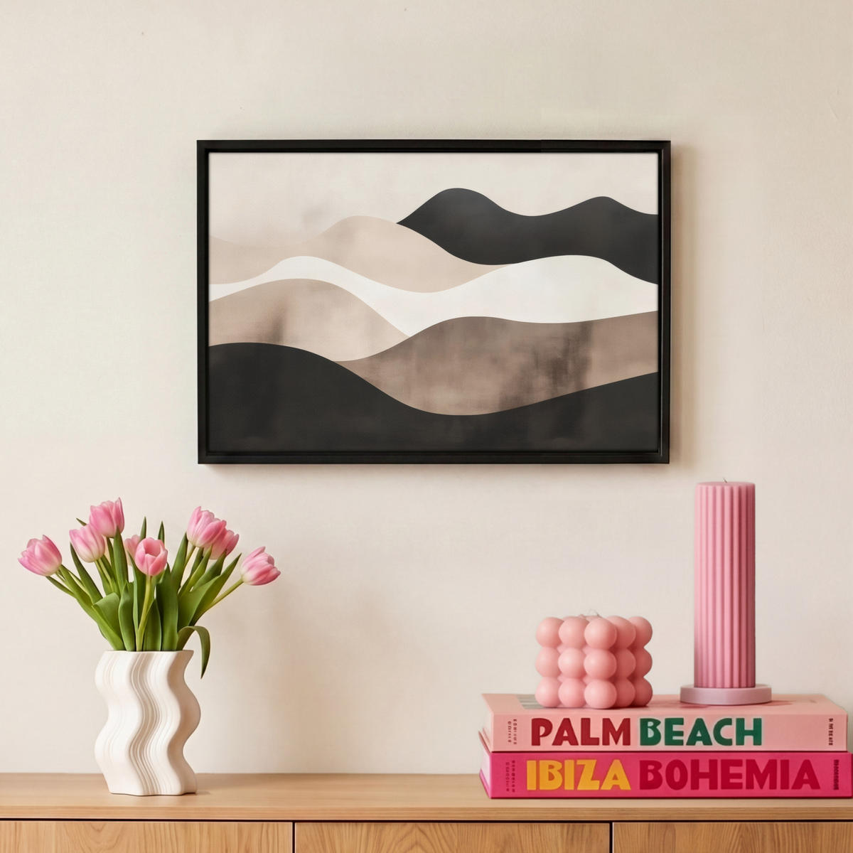 LEINWAND Bilder mit Rahmen - Abstrakt - Landschaft - Wellen - Cremefarben - 30x20 - Cappuccino, Textil (30/20cm) - MuchoWow
