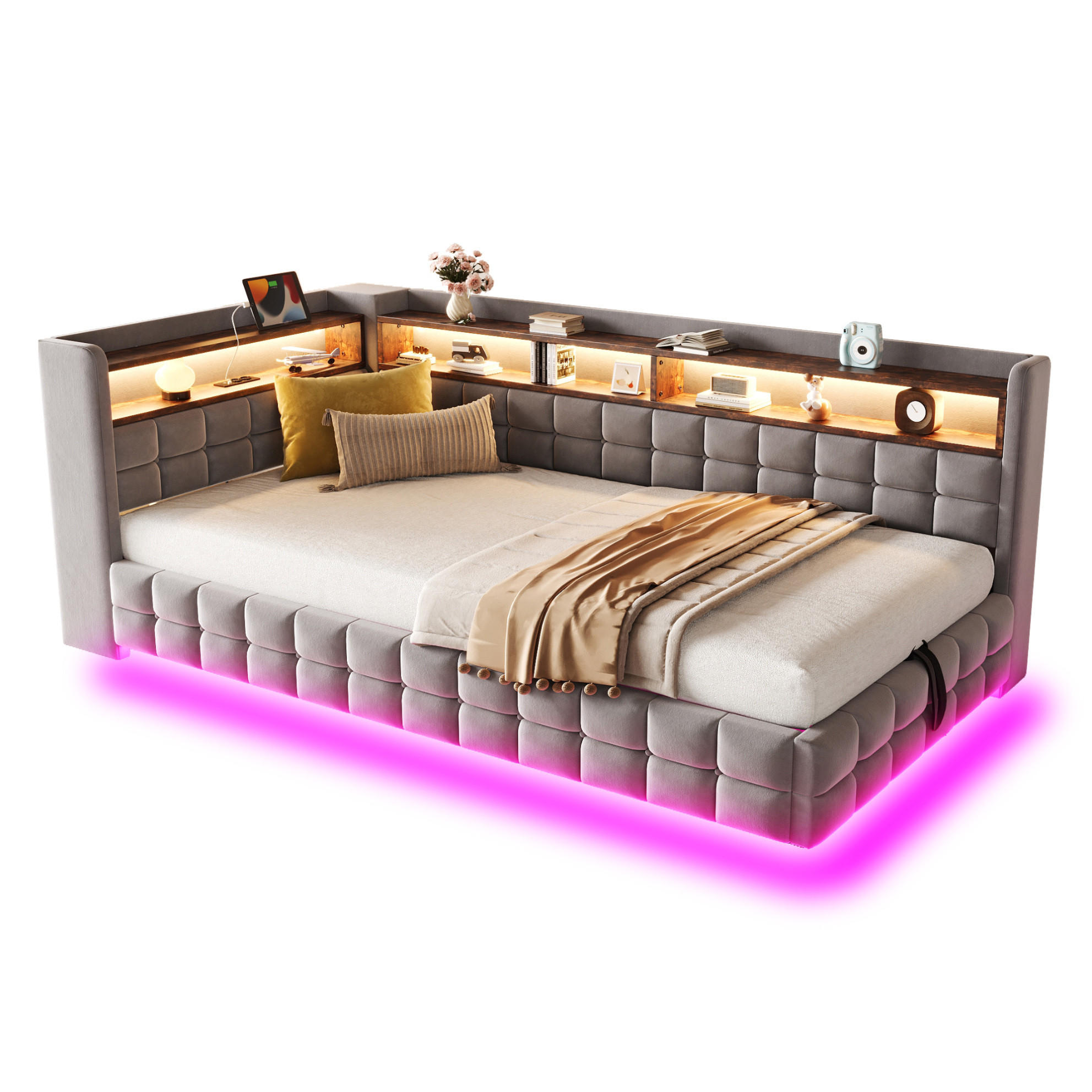 SCHLAFSOFA 90/200 cm mit hydraulischem Stauraum, Holzregalen, LED, Steckdose, USB und Typ-C, Samt, Hellgrau - Hellgrau, Textil (90/200cm) - Redom