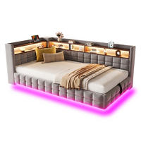 SCHLAFSOFA 90/200 cm mit hydraulischem Stauraum, Holzregalen, LED, Steckdose, USB und Typ-C, Samt, Hellgrau - Hellgrau, Textil (90/200cm) - Redom