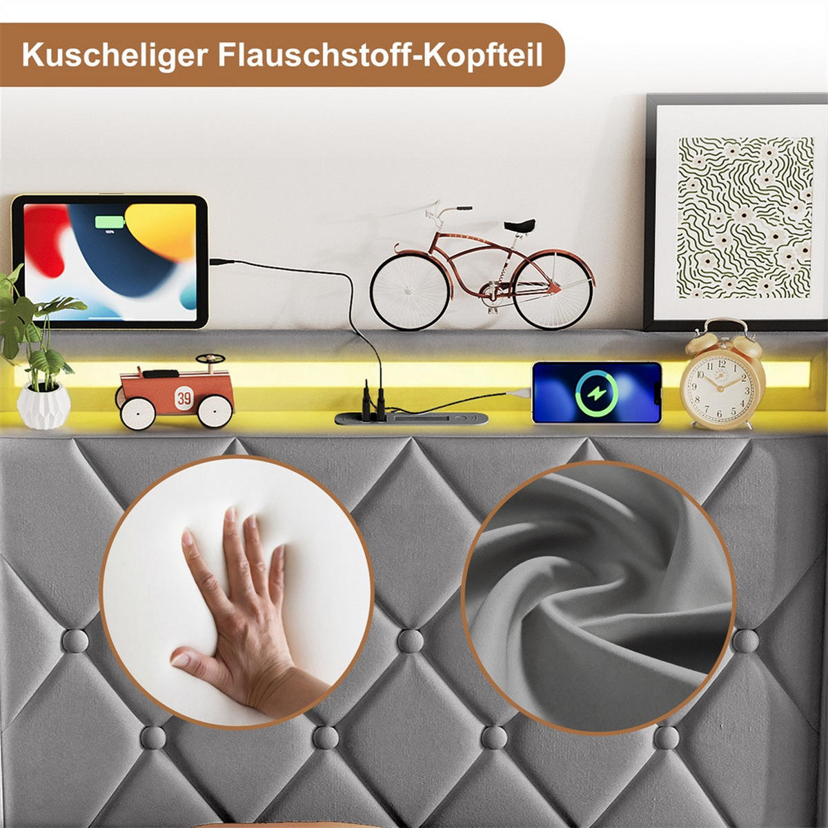 POLSTERBETT 90x200 cm mit hydraulischem Stauraum - Kopfteil Regal & LED - USB - ohne Matratze - Grau - Grau, Textil (90/200cm) - DELFA