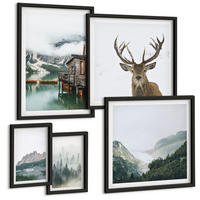 BILDER SET 5er Set - 50x50 cm & 20x30 cm & 40x60 cm Schwarzer Rahmen - Berge, See, Hirsche, Hütte, Nebel - Schwarz, Kunststoff (40/60cm) - TULUP