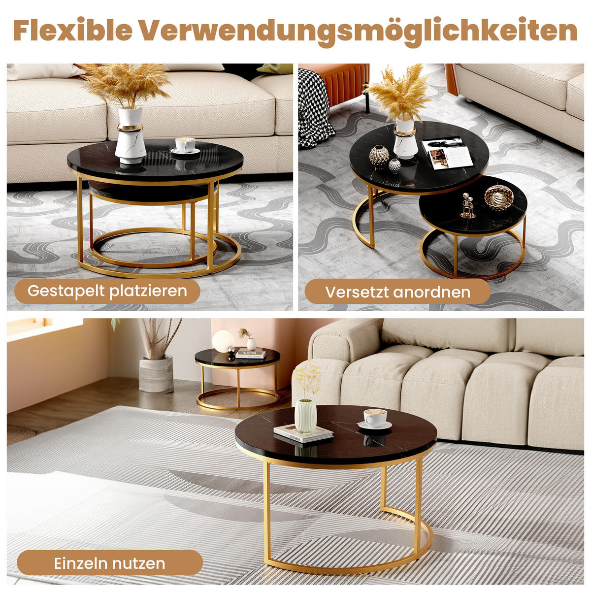 COUCHTISCH Runder 2-teiliger Satztisch 80/80 cm + 60/60 cm geschachtelt - Schwarz, Holzwerkstoff (80/80/45cm) - OKWISH