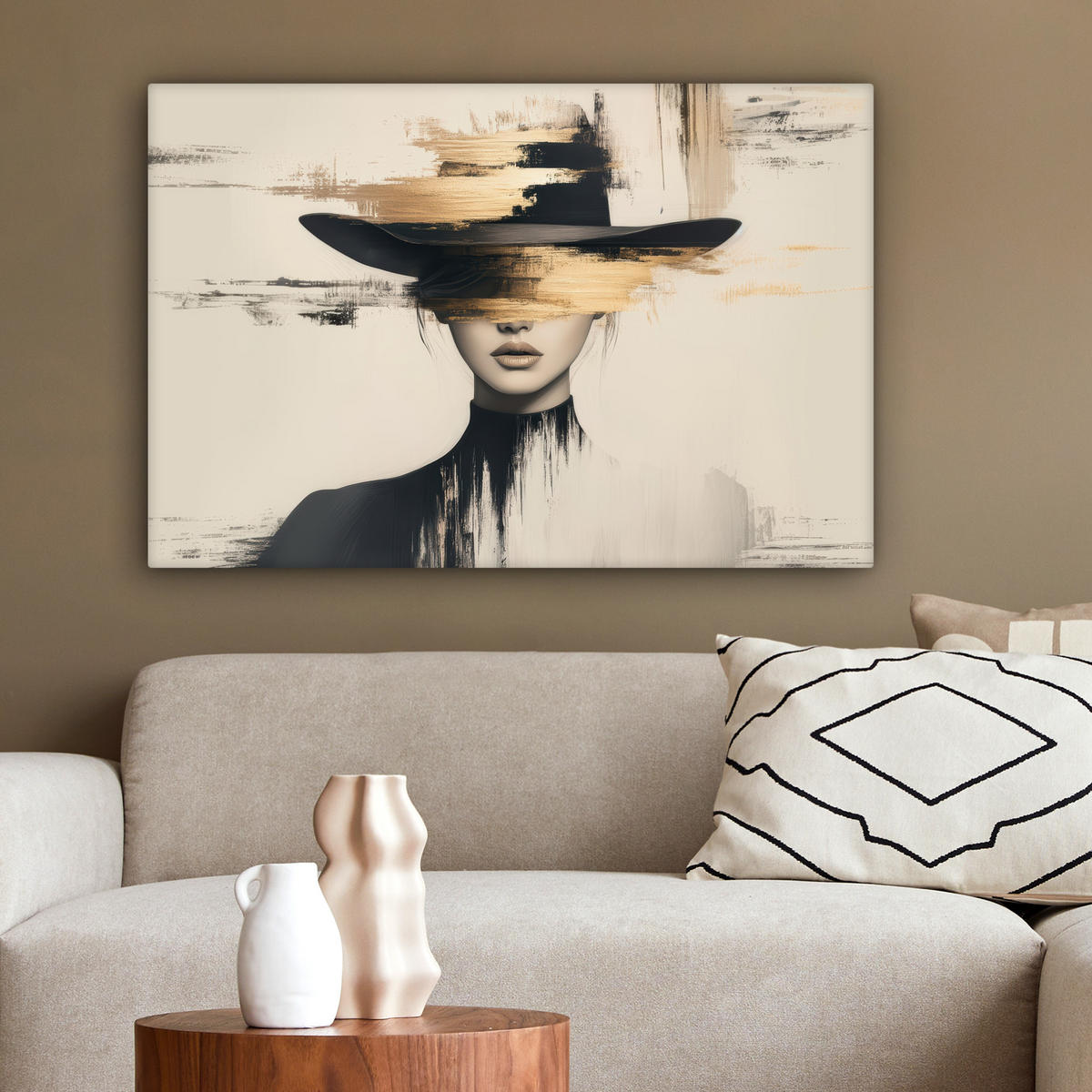 LEINWANDBILD Frau - Hut - Farbe Gemälde 60x40 cm - Goldfarben, Textil (60/40cm) - MuchoWow