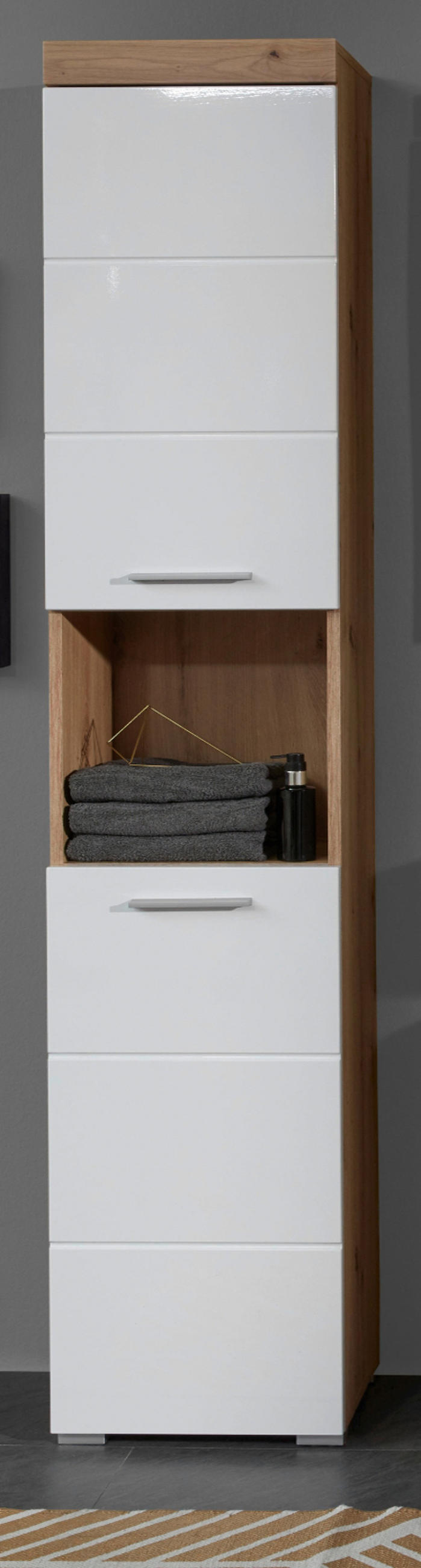 HOCHSCHRANK weiß Hochglanz, Asteiche 37 cm, Badschrank in modernem Design - Eichefarben/Weiß, Holzwerkstoff/Kunststoff (37/190/31cm) - Top.Furn