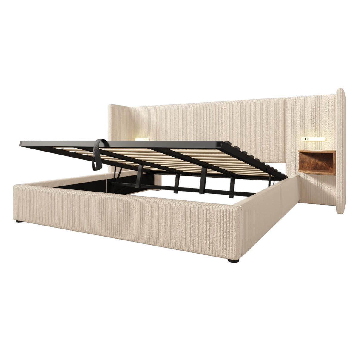 POLSTERBETT 180/200 cm Beige-Weiß mit Stauraum, Leselicht und USB- und Type-C-Anschlüssen - Beige, Textil (180/200cm) - Flora Grace