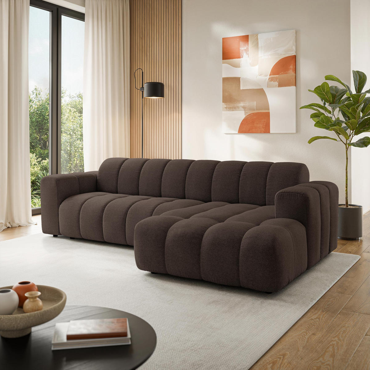 ECKSOFA SETIA Braun Strukturstoff mit Schlaffunktion - Braun, Holz (304/165cm) - MASSENO