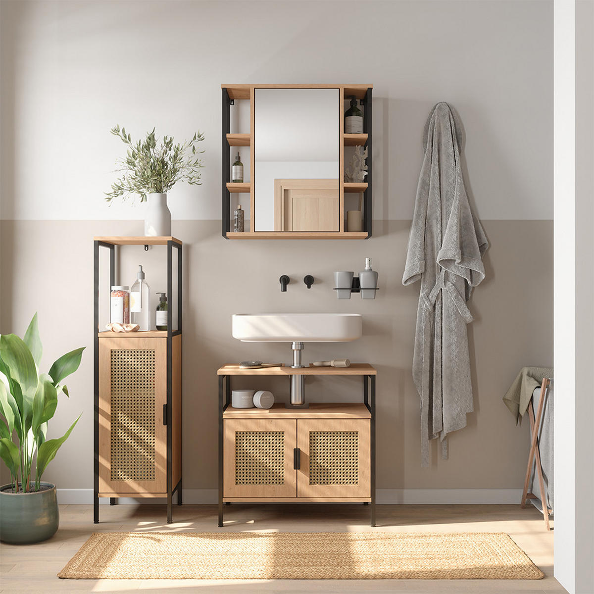 BADMÖBEL-SET Linara, Eiche, 3er Set - Eichefarben, Holzwerkstoff (60/59/35cm) - Vicco