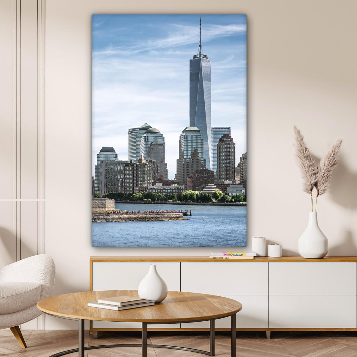 LEINWANDBILD New York - Freiheitsstatue - Wasser Deko Groß 90x140 cm - Hellblau, Textil (90/140cm) - MuchoWow