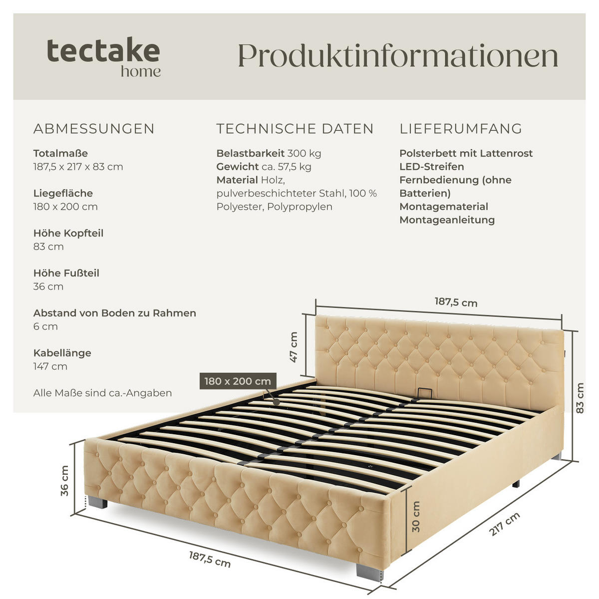 POLSTERBETT Daytona,großer Stauraum,beige - Beige, Holz (180/200cm) - tectake
