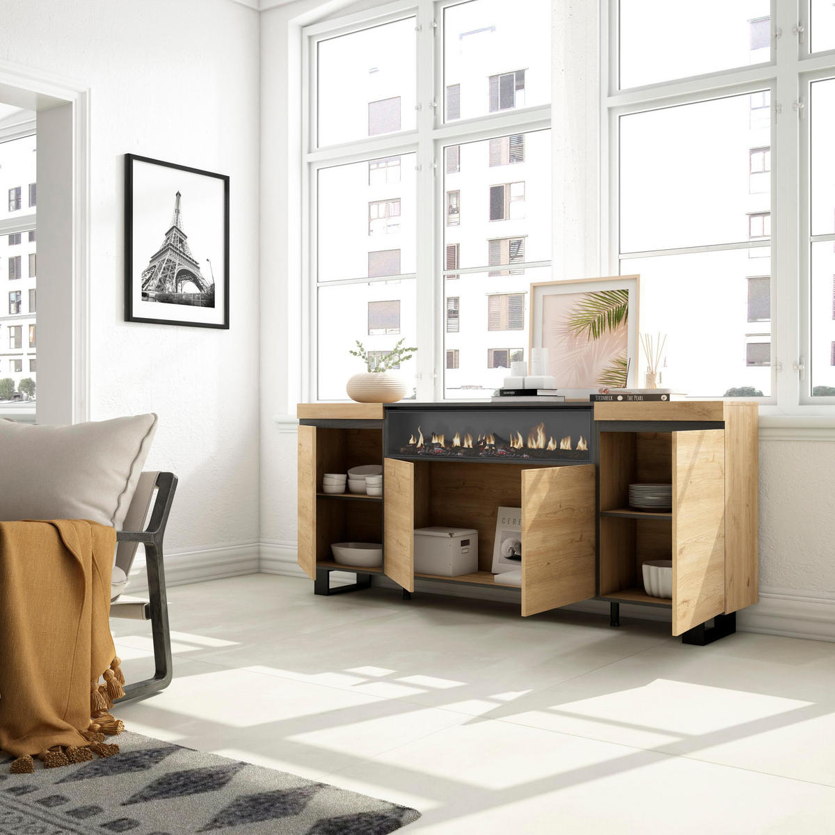 SIDEBOARD Elektrokamin, eiche, schwarz, 200/35/87cm - Beige/Multicolor, Holzwerkstoff (200/87/35cm) - Skraut Home