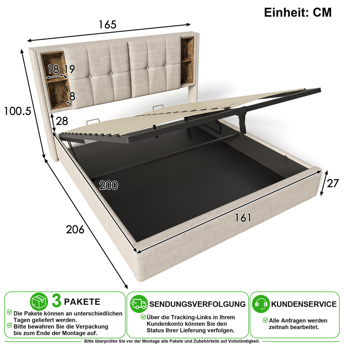 POLSTERBETT 160/200 cm in Natürlich Leinen mit Bettkasten, USB, Kabellosem Laden und Matratze - Naturfarben, Holzwerkstoff/Textil (160/200cm) - CHICFURN