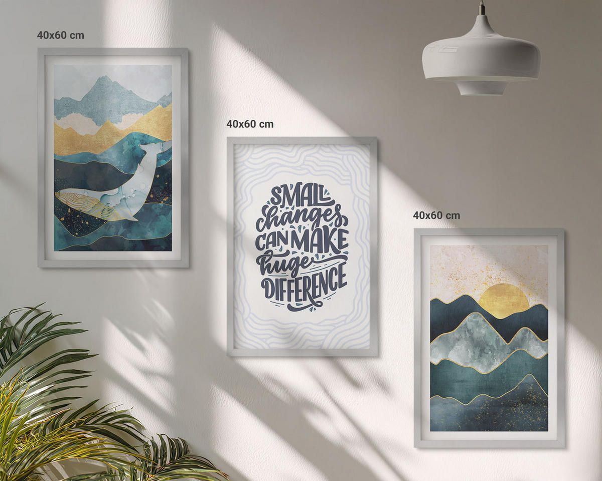 BILDER SET 3er Set - 40x60 cm Silberner Rahmen - Abstrakte Berginspiration - Silberfarben, Kunststoff (40/60cm) - TULUP