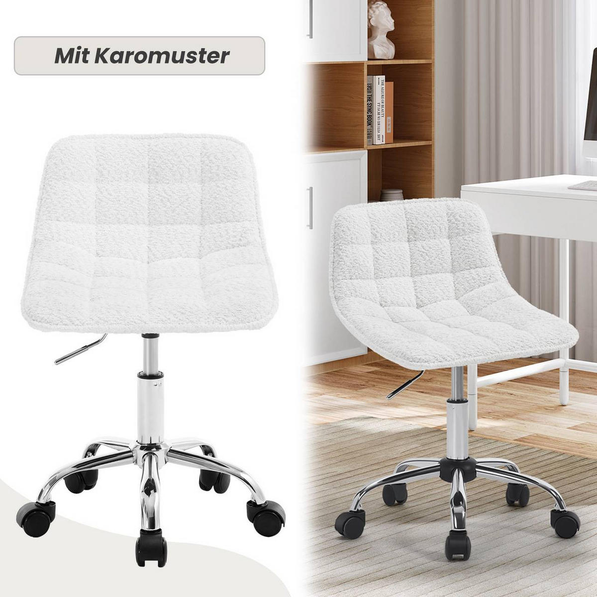 DREHSTUHL mit Rollen, Chenille, Weiß - Schwarz/Weiß, Textil/Metall (43/60/50cm) - Woltu