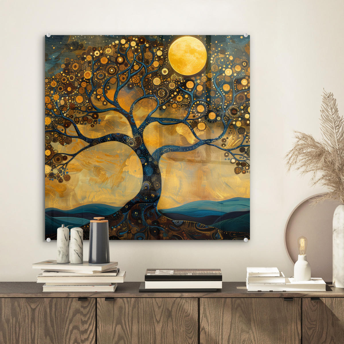 ACRYLGLASBILD Baum - Mond - Blumen - Gold - Kunst 50x50 cm - Orange, Glas (50/50cm) - MuchoWow