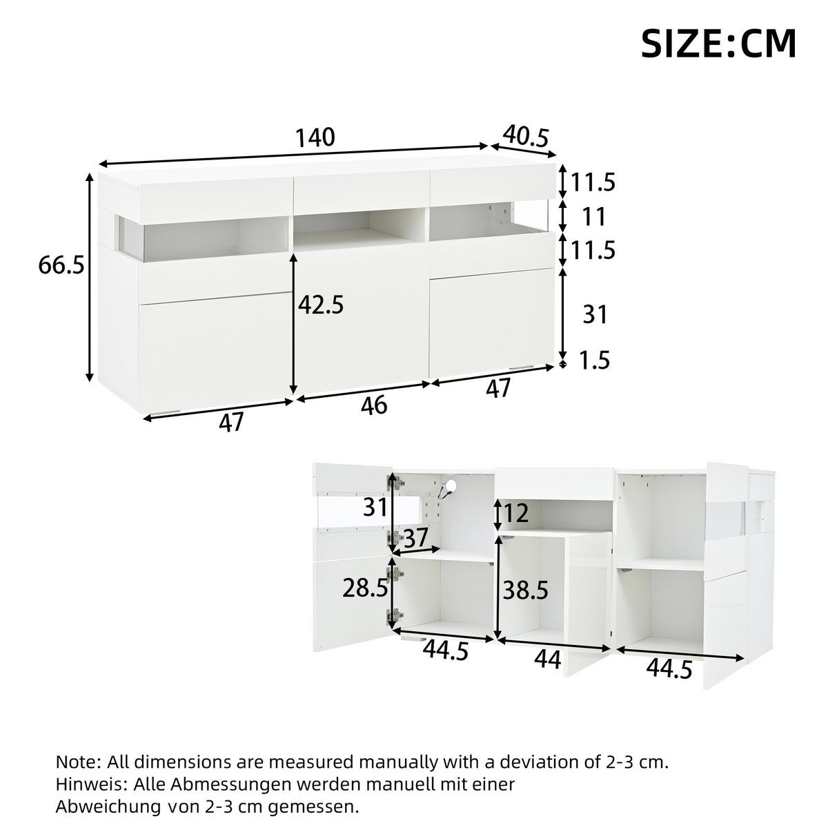SIDEBOARD 140/40,5/66,5 cm mit 3 Türen, LED-Beleuchtung & Hochglanzfront - Weiß, Holzwerkstoff (140/66.5/40.5cm) - BEAOK