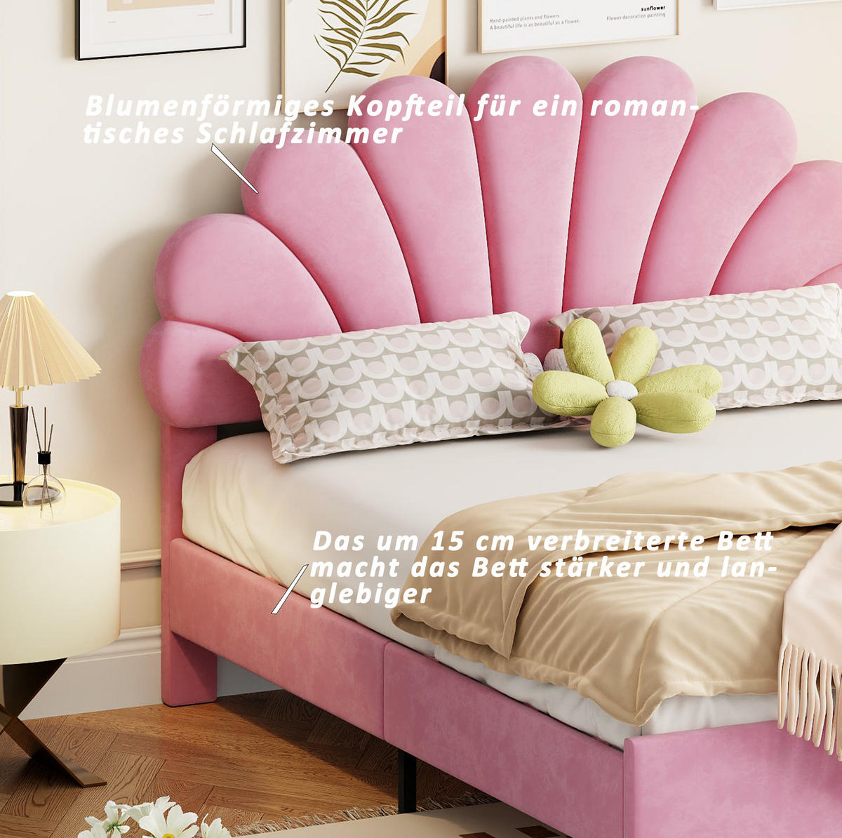 BETT mit Blumenkopfteil und Lattenrost 140x200 cm Samt Pink - Pink, Metall (140/200cm) - Beauniv