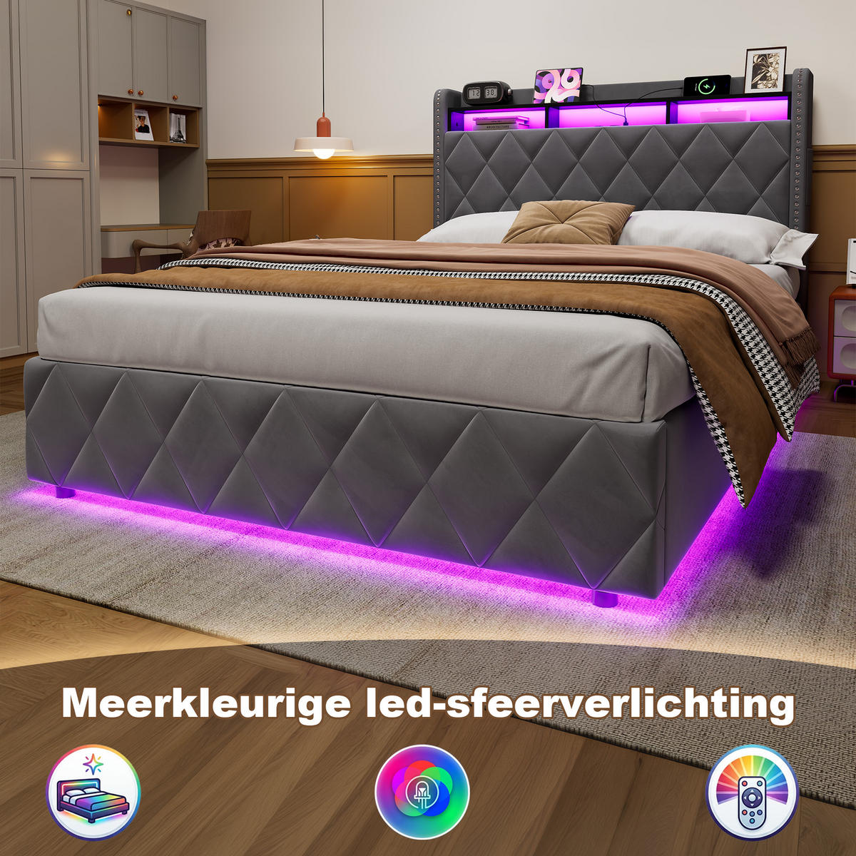 POLSTERBETT 219/140/109 cm aus Samt, Holz, Metall mit hydraulischem Stauraum, LED & Ladeanschlüssen, Dunkelgrau - Dunkelgrau, Textil (140/200cm) - OKMYHOME