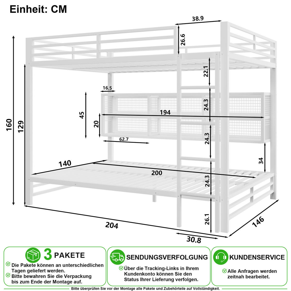 ETAGENBETT 140/200 cm in Weiß mit 6 Schränken und LED - Weiß, Metall (140/200cm) - CHICFURN