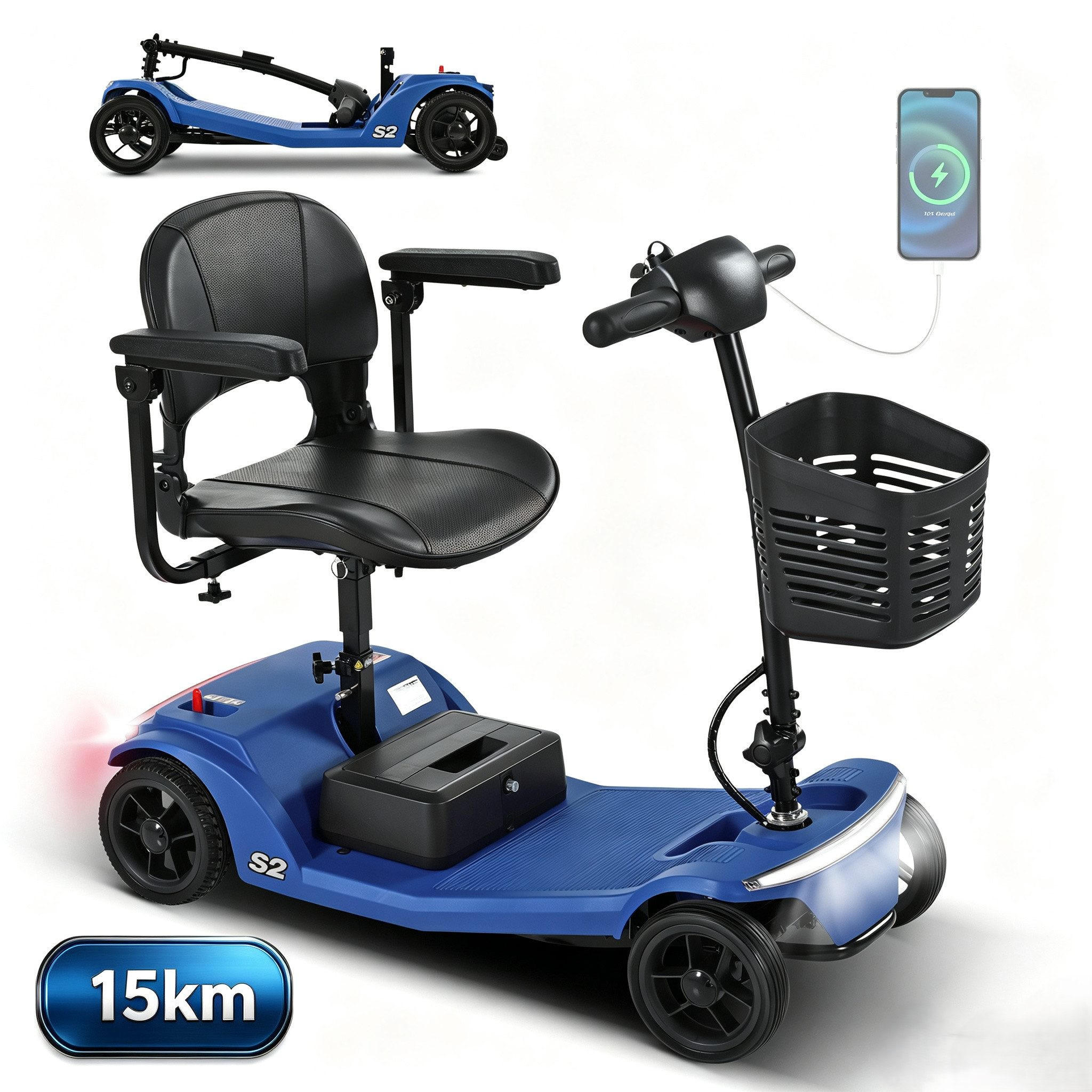 ELEKTROMOBIL mit vier Rädern für Senioren, Tragkraft 136 kg, Geschwindigkeit 6 km/h - Blau, Metall (99.9/82/48.5cm) - Gisaae