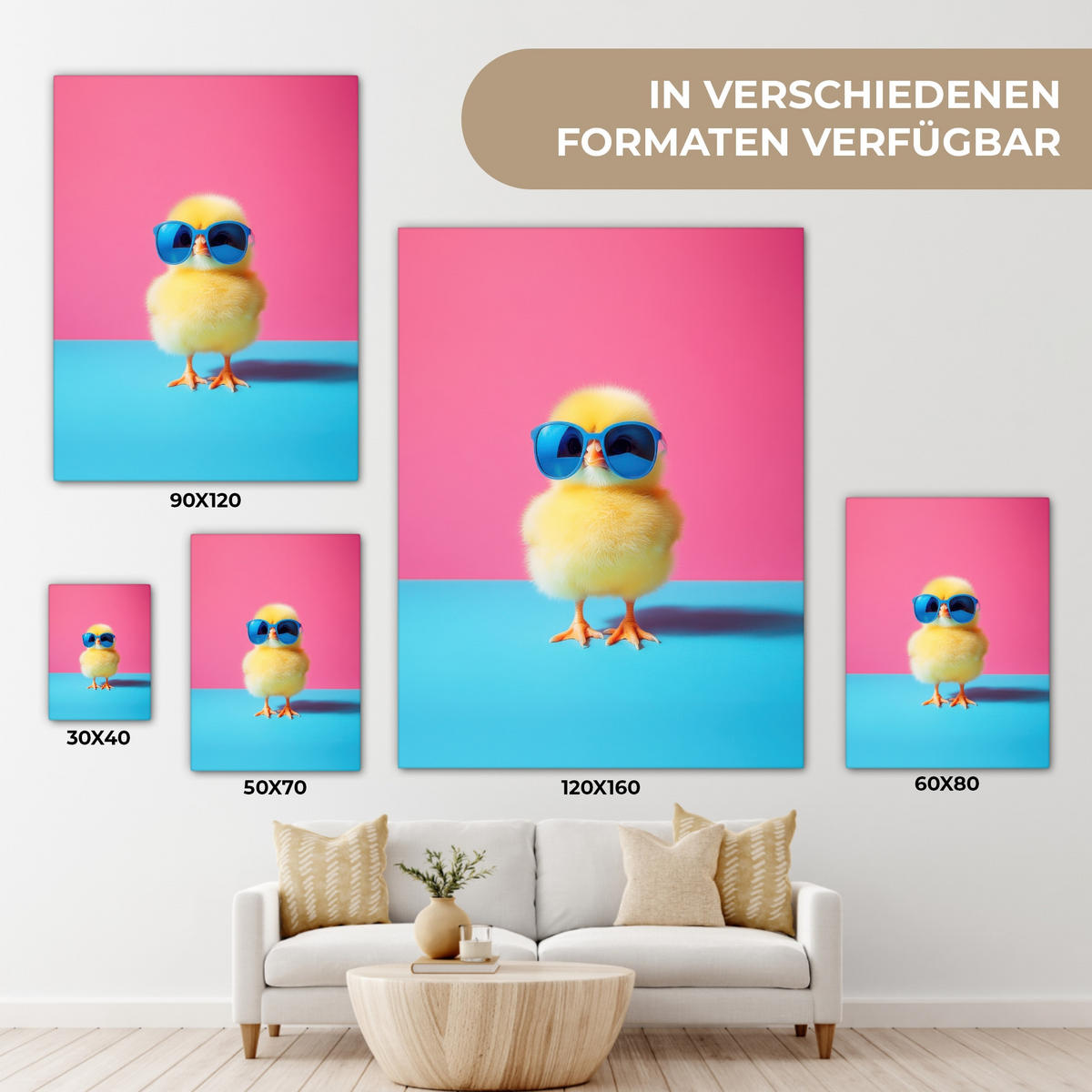 LEINWANDBILD Chick - Sonnenbrille - Blau Room Decor 30x40 cm - Pink/Gelb, Textil (30/40cm) - MuchoWow