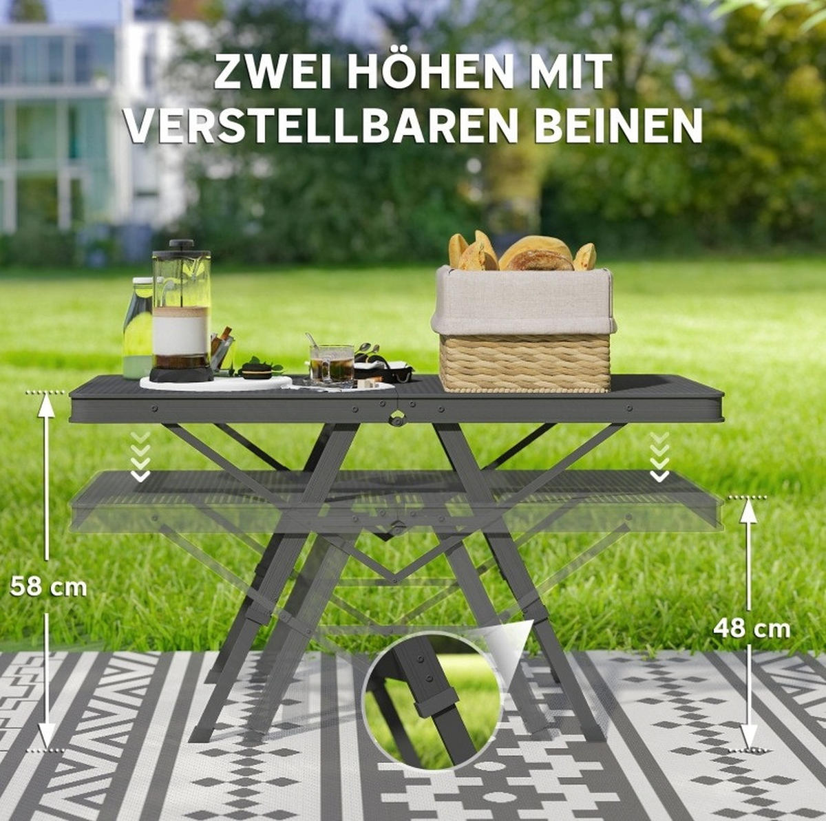 CAMPINGTISCH 90/40,5/48-58 cm höhenverstellbar und klappbar mit Metallgitter-Tischplatte, Schwarz - Schwarz, Metall (90/40.5/58cm) - Redom