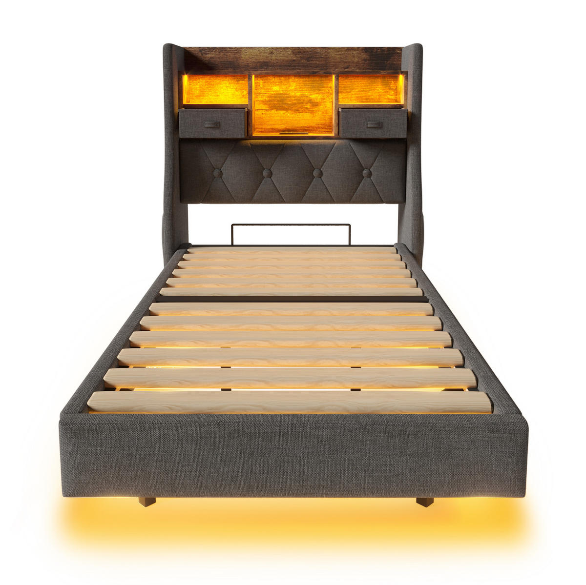 POLSTERBETT mit LED-Beleuchtung 90/200 cm mit USB-C und gepolstertem Kopfteil - Grau, Textil (90/200cm) - BEAOK