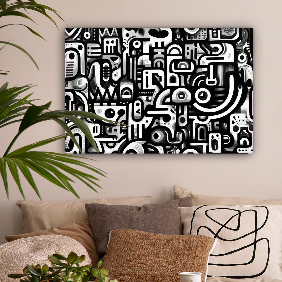 LEINWANDBILD Symbole - Abstrakt - Grafik - Schwarz Wanddeko 90x60 cm - Schwarz, Textil (90/60cm) - MuchoWow
