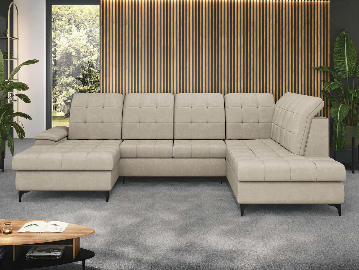 WOHNLANDSCHAFT Enzo, Seite: Links - Beige/Schwarz, Holz/Textil (330/105/212cm) - MIRJAN24