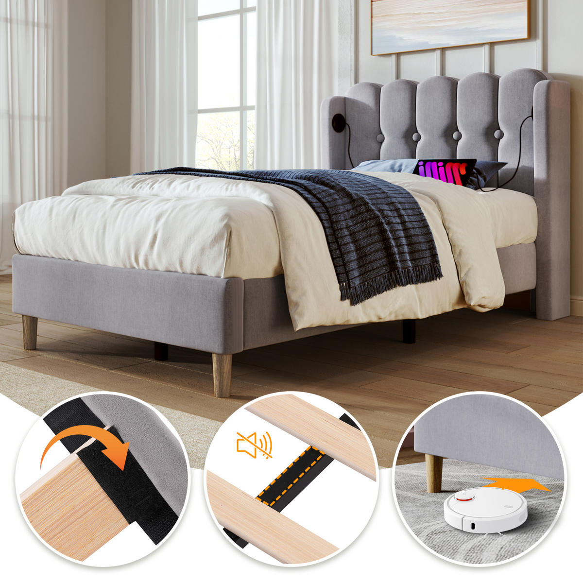 POLSTERBETT 90/200 cm mit Lattenrost, USB- und Typ-C-Anschluss, Grau - Grau, Textil (90/200cm) - BEAOK