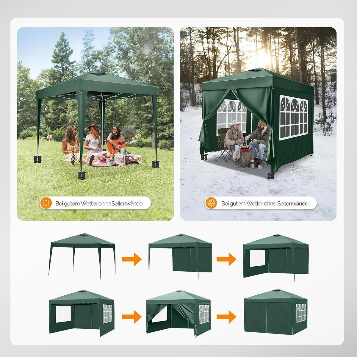 FALTPAVILLON 3x3m mit 4 Seitenteilen Grau - Olivgrün, Metall (300/260/300cm)