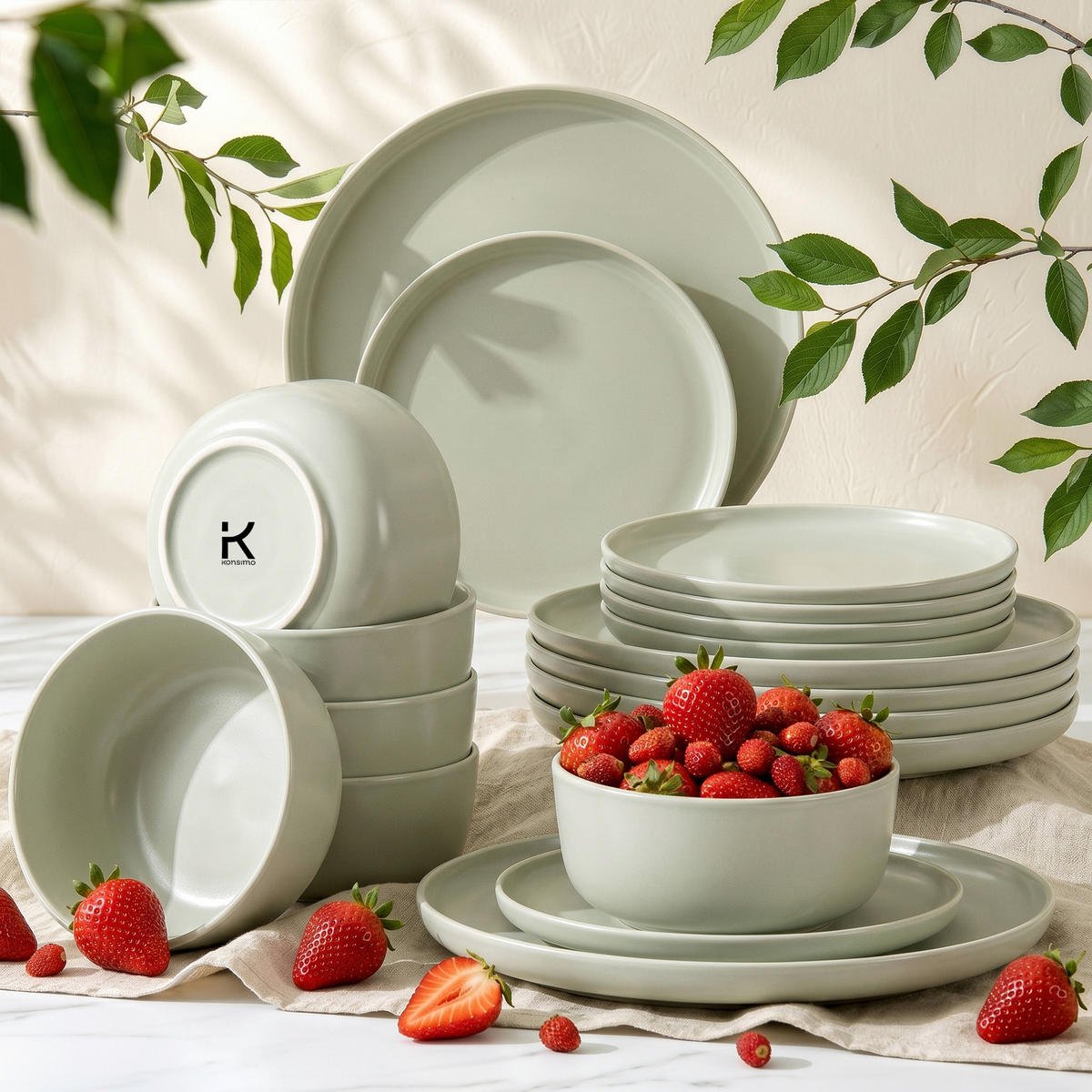 TAFELSERVICE VICTO Schüssel 6 Personen 18-tlg, matt beige/grün/grau - Hellgrün, Keramik (27/2/27cm) - KONSIMO®