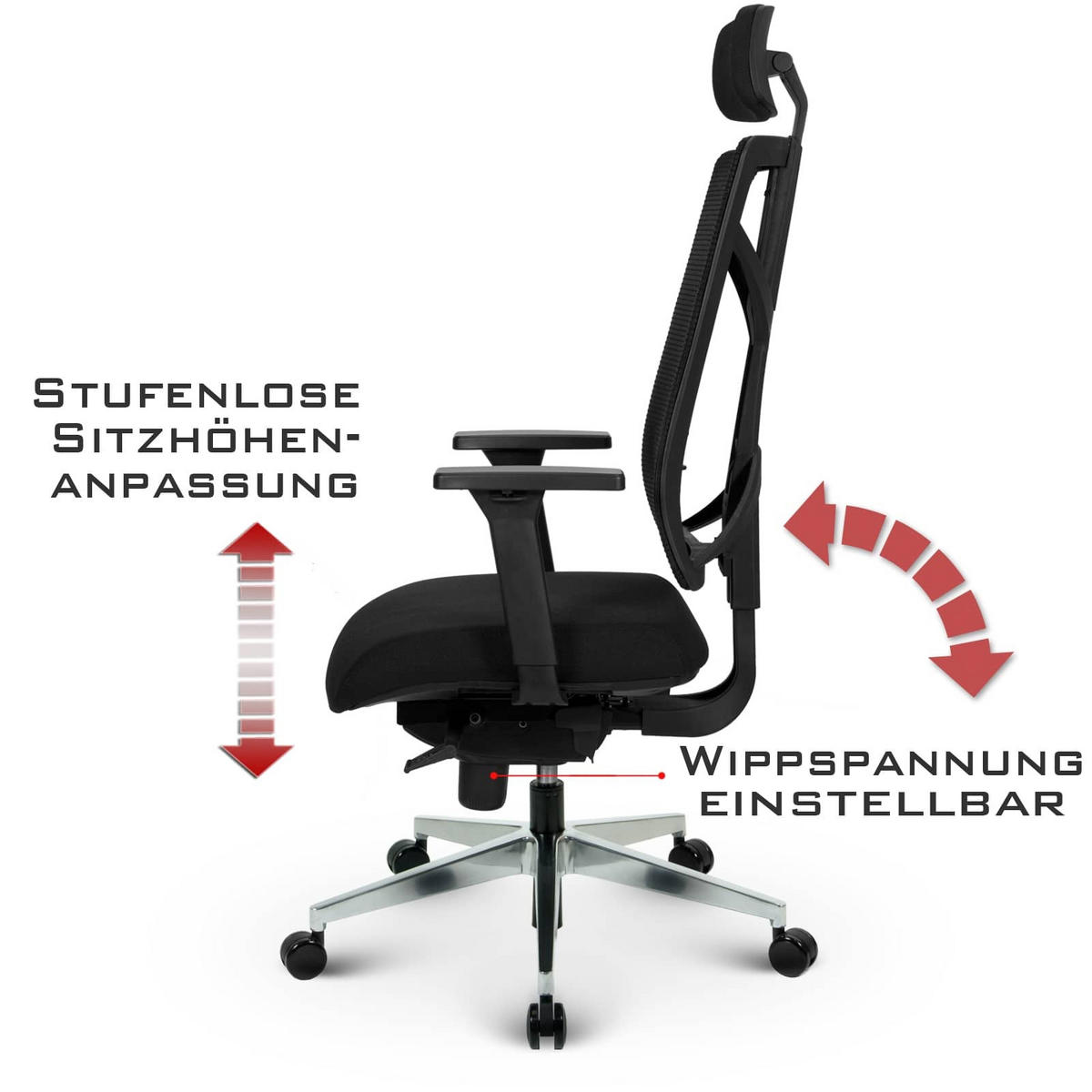 CHEFSESSEL V1801 Stoff/Mesh Schwarz - ergonomisch, 150 kg belastbar, Sitzhöhe 53-65cm - Schwarz, Kunststoff/Textil (65/130/65cm) - Versee