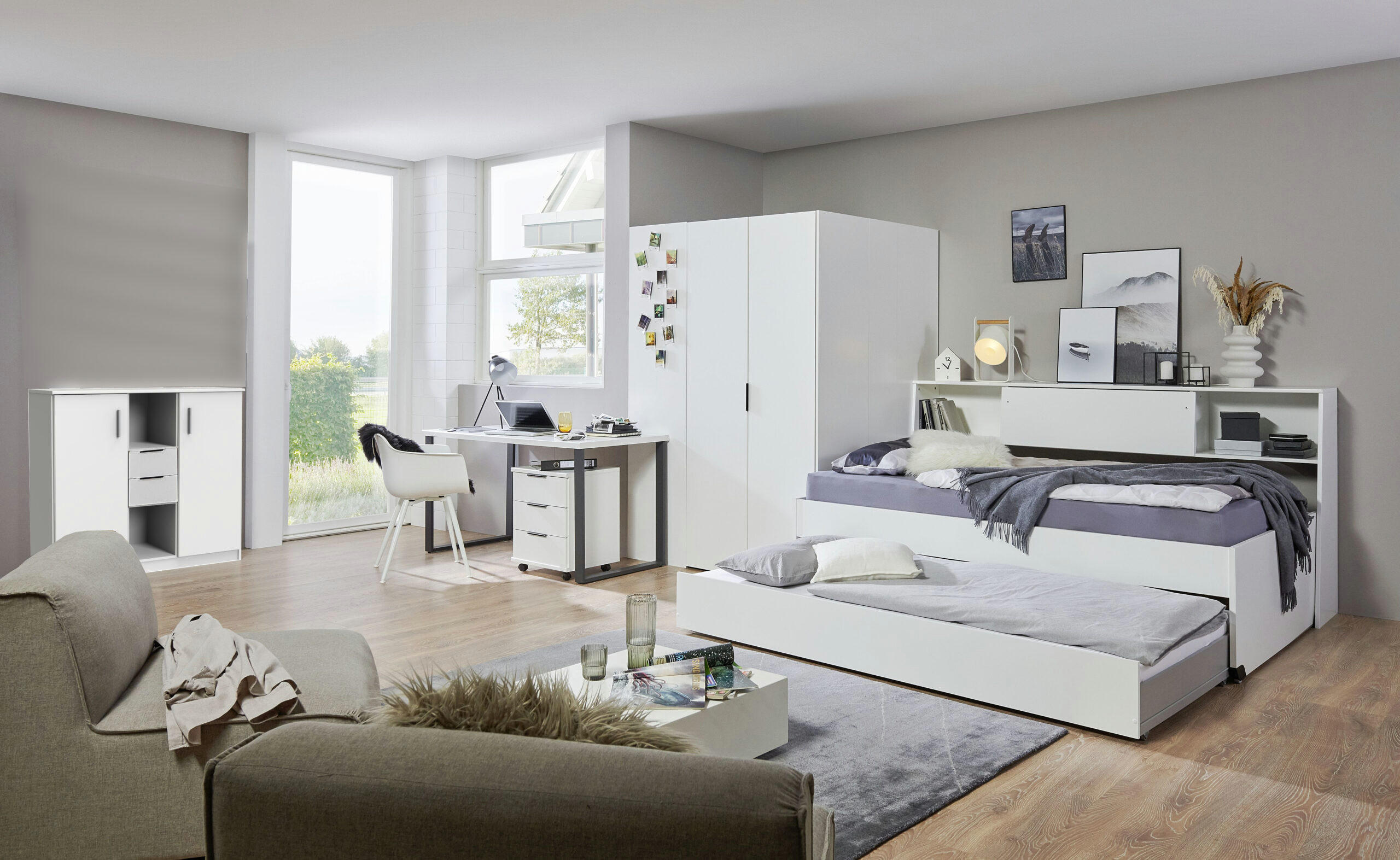 JUGENDZIMMER Norderney in Weiß 8 teilig Kinderzimmer Komplett Set mit begehbarem Kleiderschrank - Weiß, Holzwerkstoff (80/200/120cm)