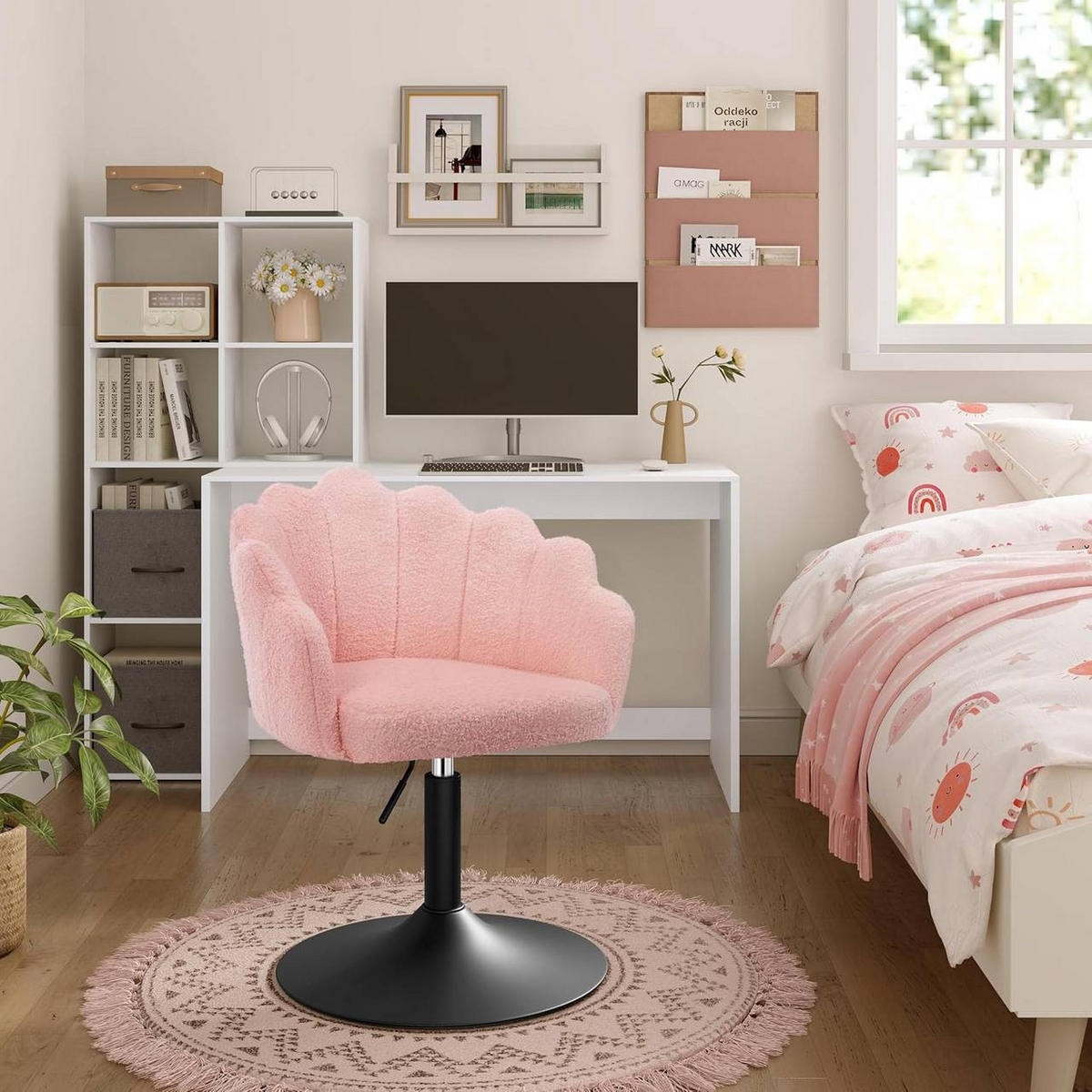 DREHSTUHL, Blumenform, Boucle-Stoff, Schminkstuhl, Rosa - Schwarz/Rosa, Textil/Metall (55/67/50cm) - Woltu