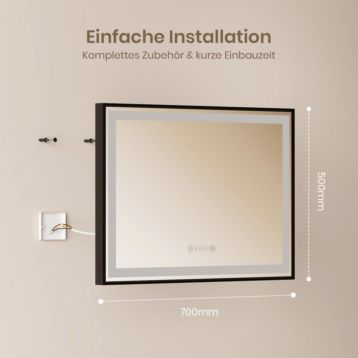 BADSPIEGEL mit Beleuchtung Schwarzer Rahmen 70/50 cm - Weiß, Glas (50/4/70cm) - EMKE