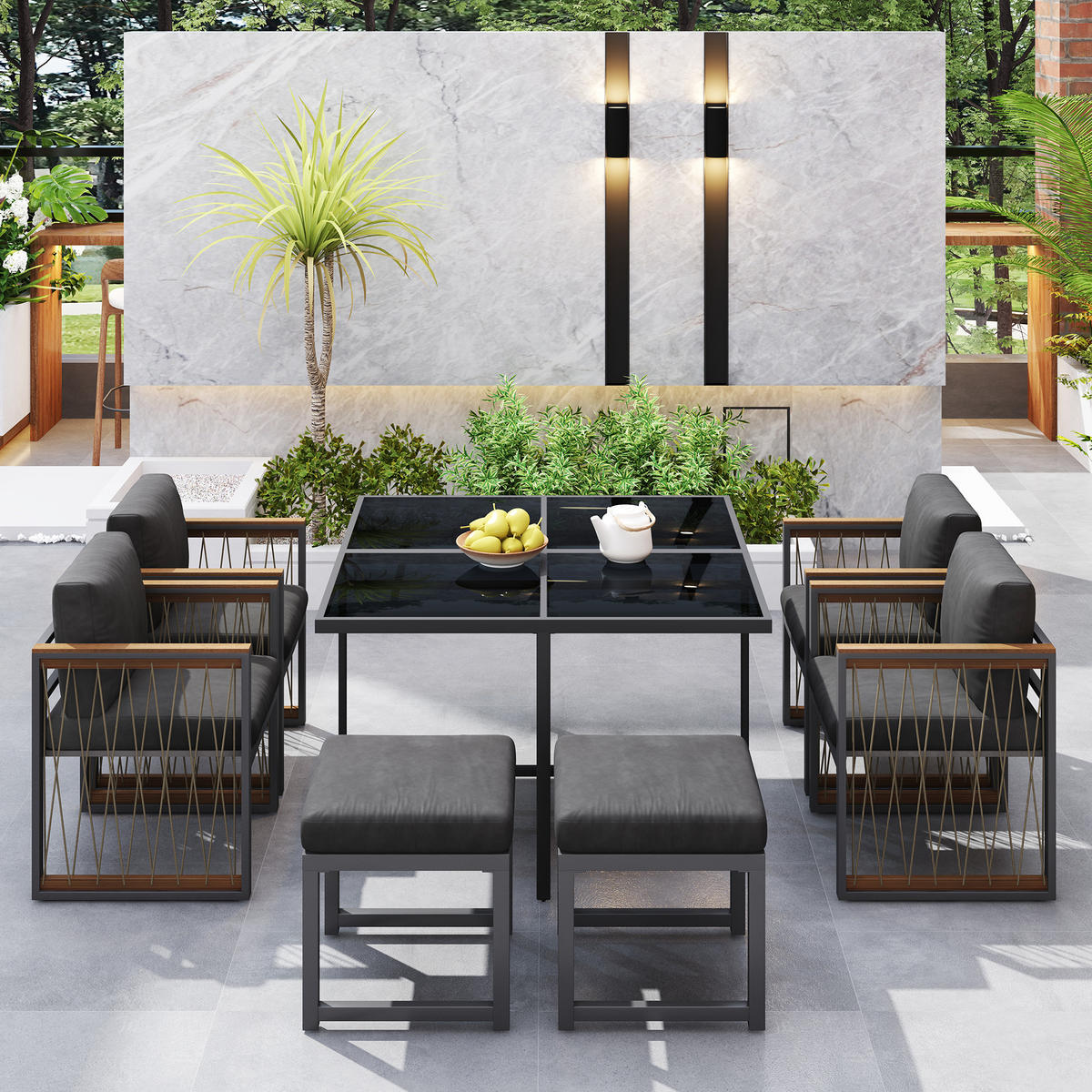 GARTENSET 7 tlg Glas Tisch 6 Personen - Schwarz, Metall - LEBENLANG