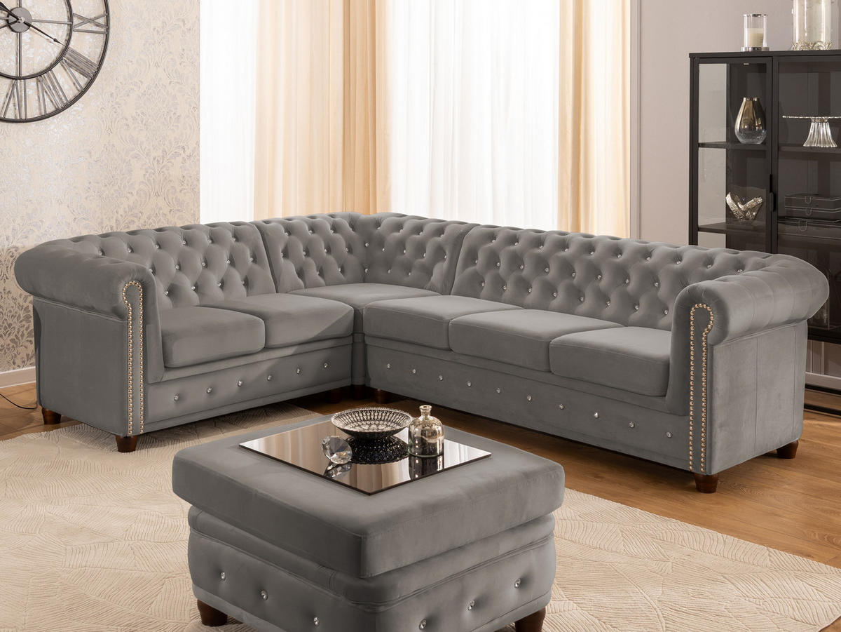 ECKSOFA Chesterfield Cleo Blink Grau Samt mit Kristallsteppung und braunen Massivholzfüßen - Ottomane Links - Braun/Grau, Holz/Textil (264/210cm) - S-Style Möbel