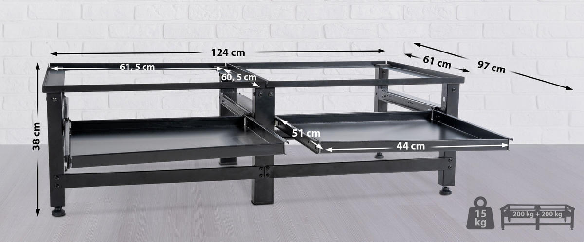 WASCHMASCHINENUNTERGESTELL doppelt DAVID für je 200kg Schwarz - Schwarz, Metall (124/38/61cm) - DELUKE