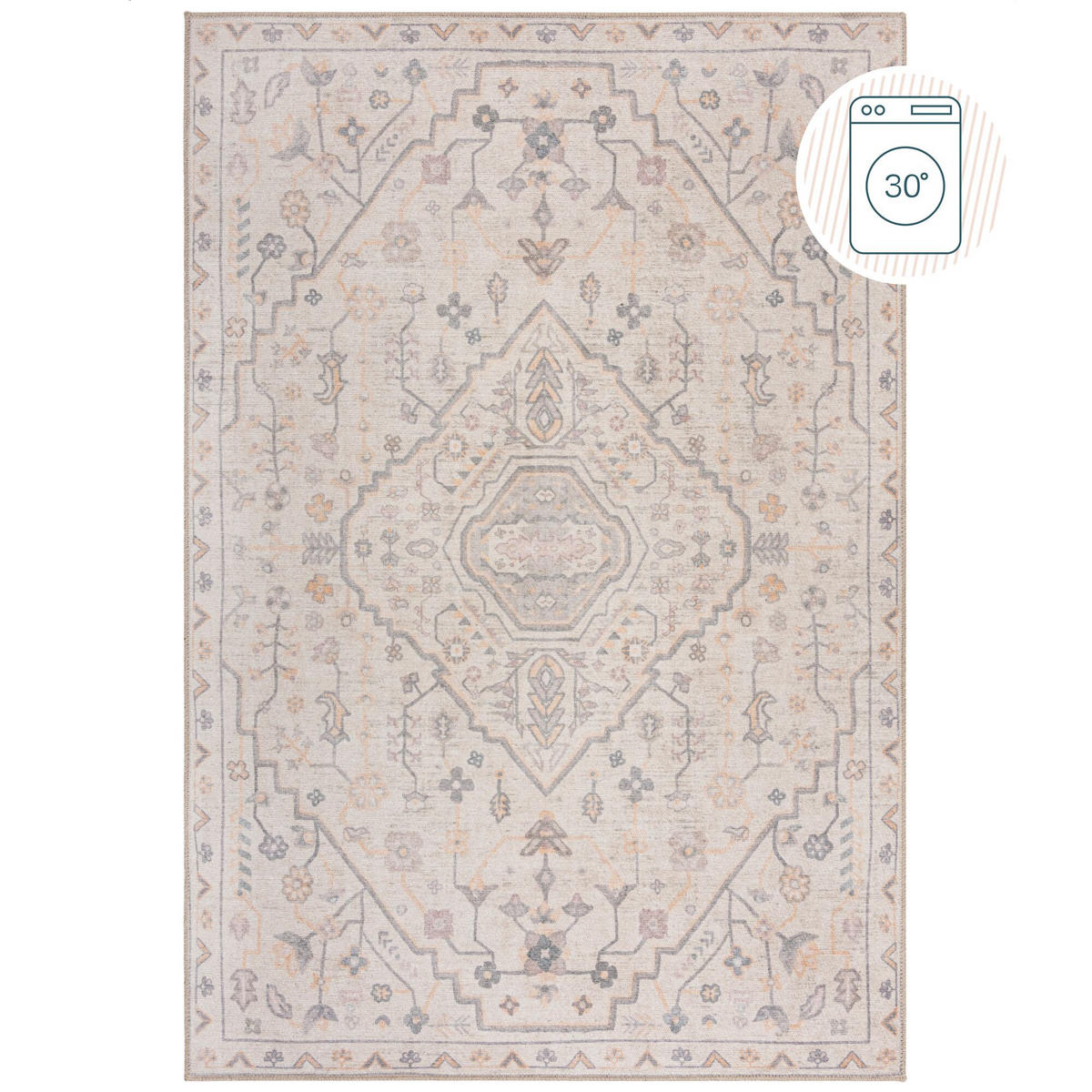 TEPPICH waschbar Medallion Muster, Orientalisch, Wohnzimmer schmutzabweisend Beige Rechteckig 152x230 - Beige, Textil (152/230cm) - KADIMA DESIGN