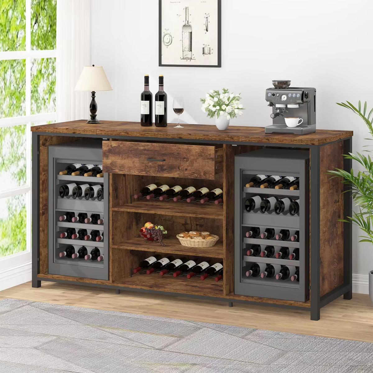WEINREGAL 180 x 55 x 100 cm INDUSTRIAL Holz Metall Schwarz / Rustikal Eiche - Wildeiche, Holzwerkstoff/Metall (180/101.5/55cm) - Quality Elegance