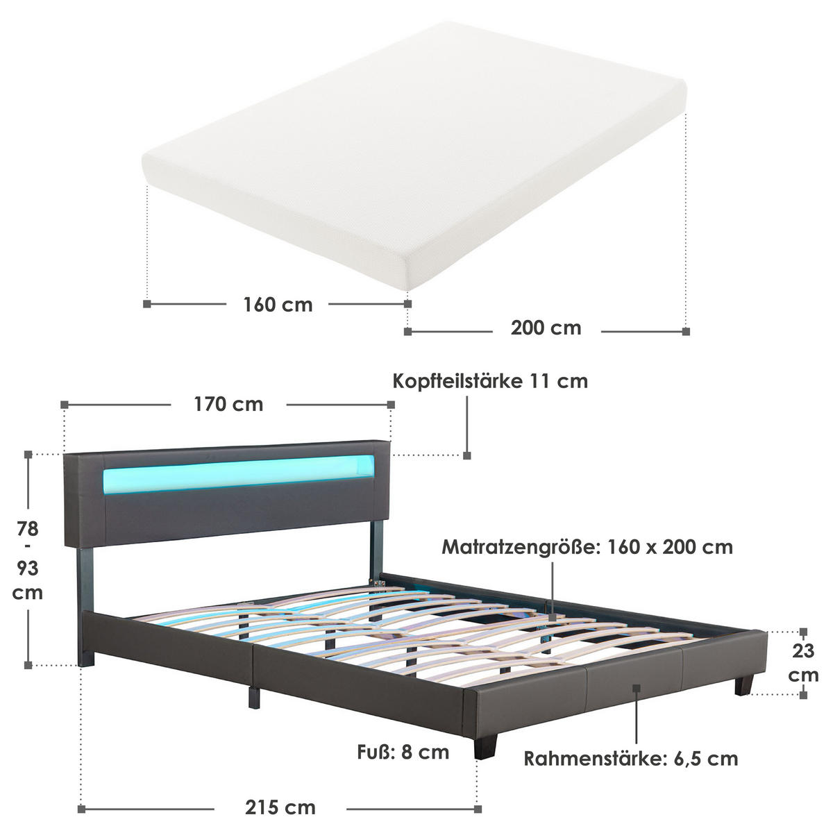 POLSTERBETT Paris dunkelgrau 160x200cm mit Matratze und LED (16 Farben) - Grau, Textil (160/200cm) - Juskys