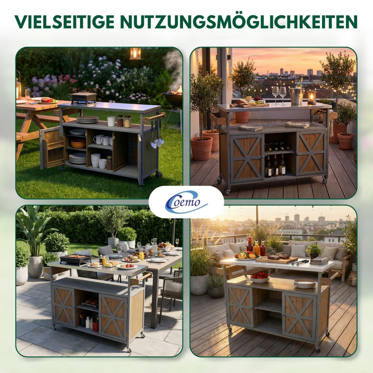 SERVIERWAGEN JAMES mit Rollen Outdoor 138/47/92 cm Farbe Grau - Grau, Holz (47/92/138cm) - Coemo