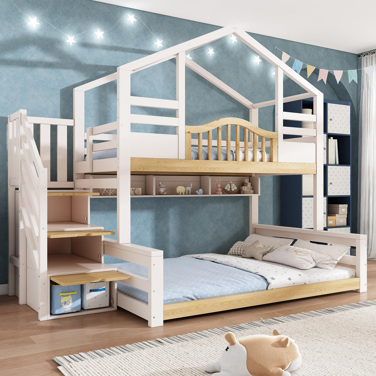 ETAGENBETT mit Treppenschrank 90x200/140x200 cm Weiß Wood 4-tlg. - Weiß, Holz (90/200cm) - Meubliv