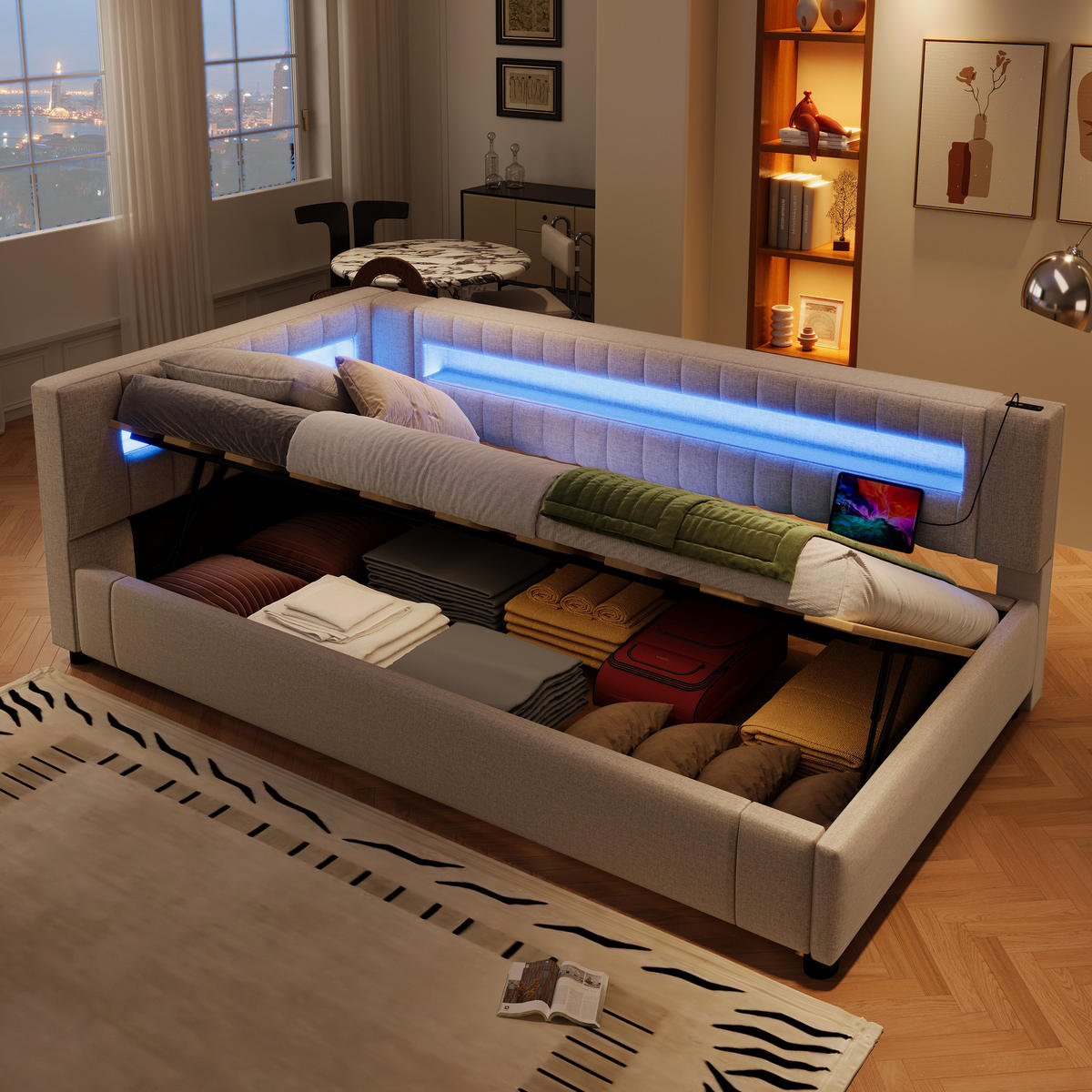 POLSTERBETT 90/200 cm Beige aus Leinen mit LED-Lichtleiste und Stauraum - Beige, Textil (90/200cm) - OKMYHOME